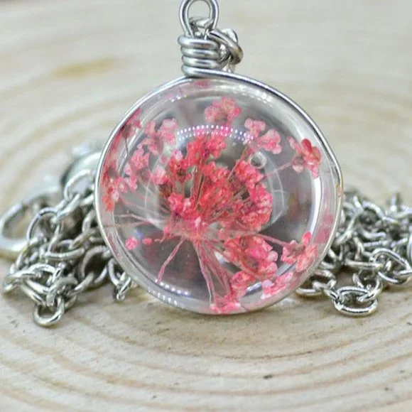 Dried Pink Flower Glass Orb Chain Necklace - Picture 2 of 3